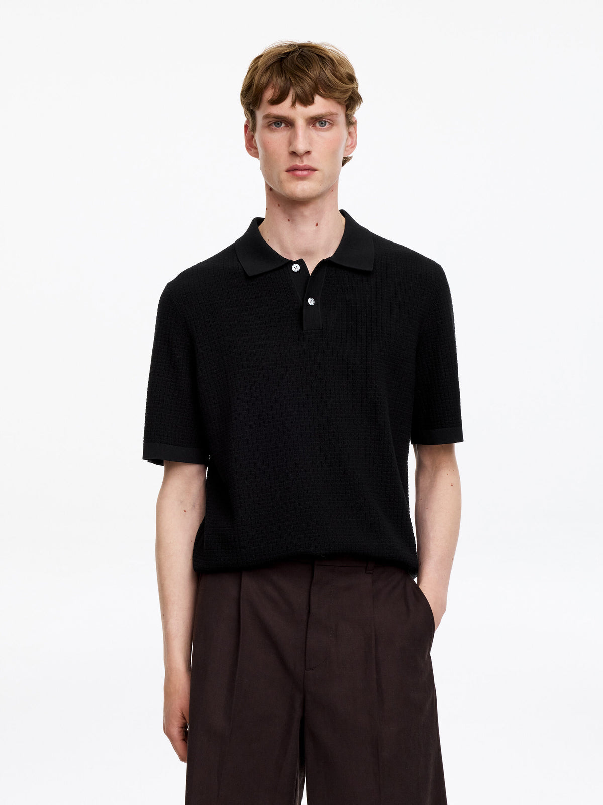 Knitted Cotton Polo Shirt - Black