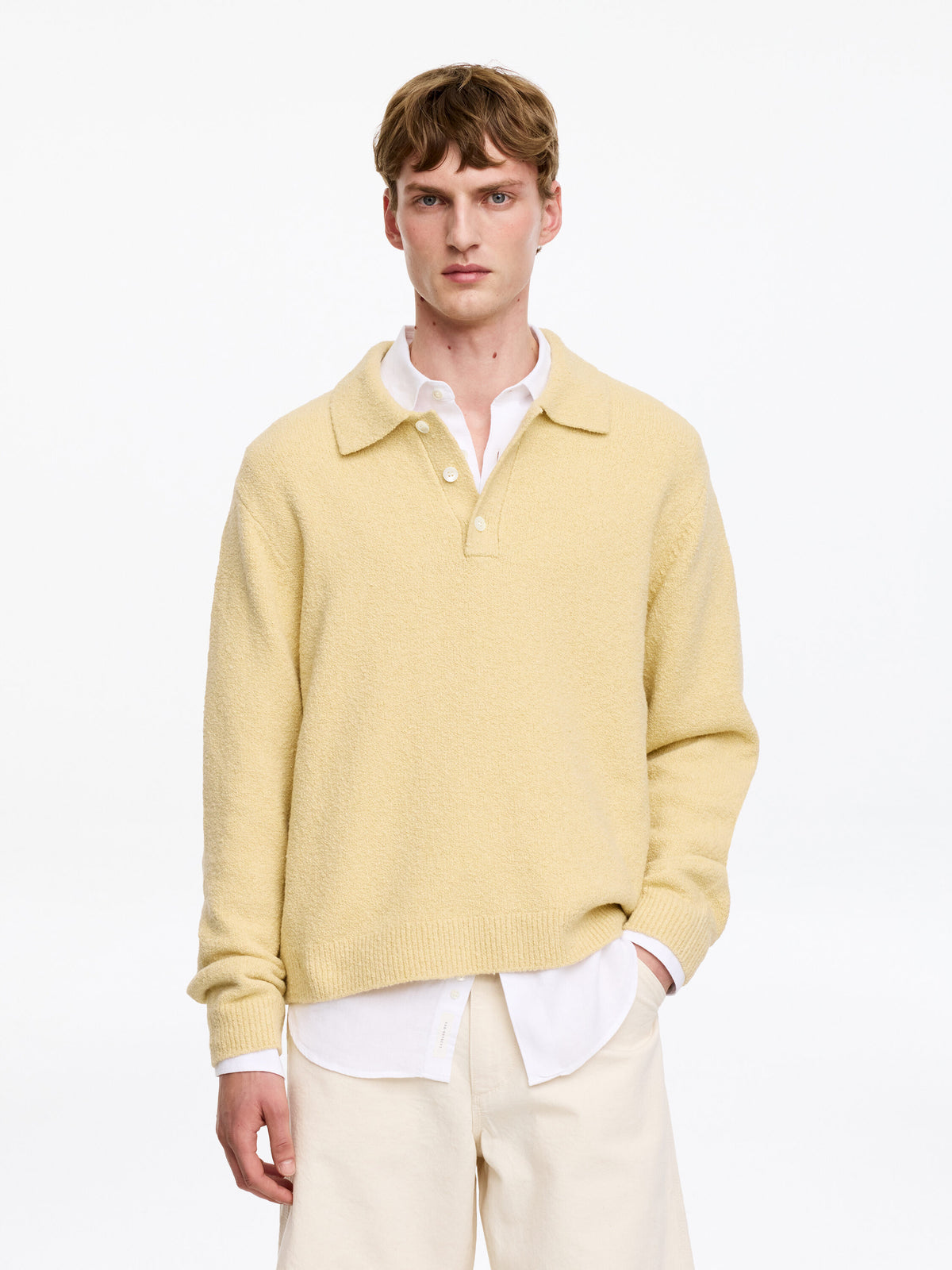 Knitted Cotton Blend Polo Shirt - Yellow