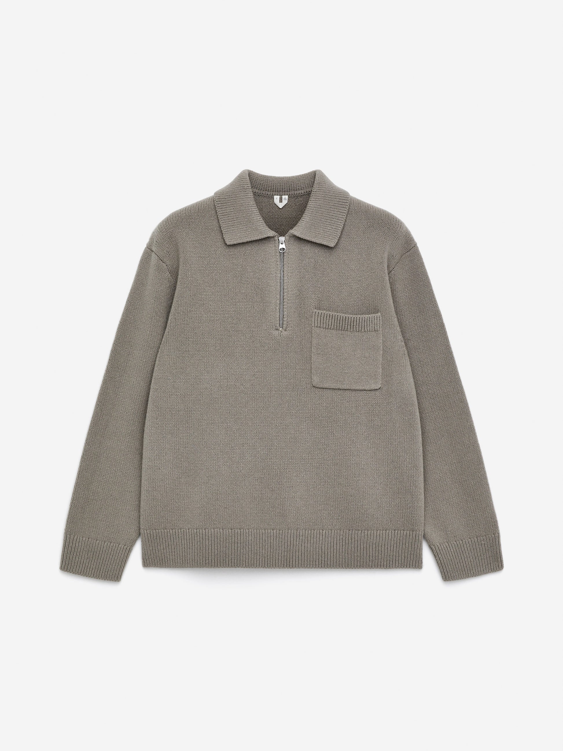 Knitted Wool Zip Polo Shirt - Grey