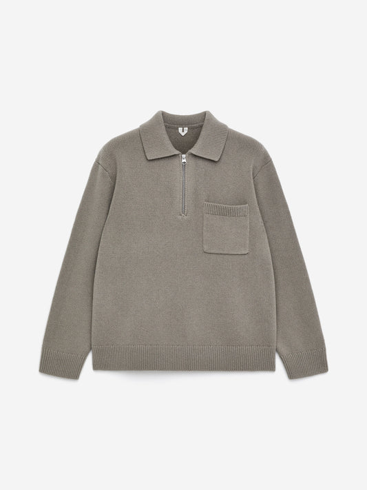 Knitted Wool Zip Polo Shirt - Grey