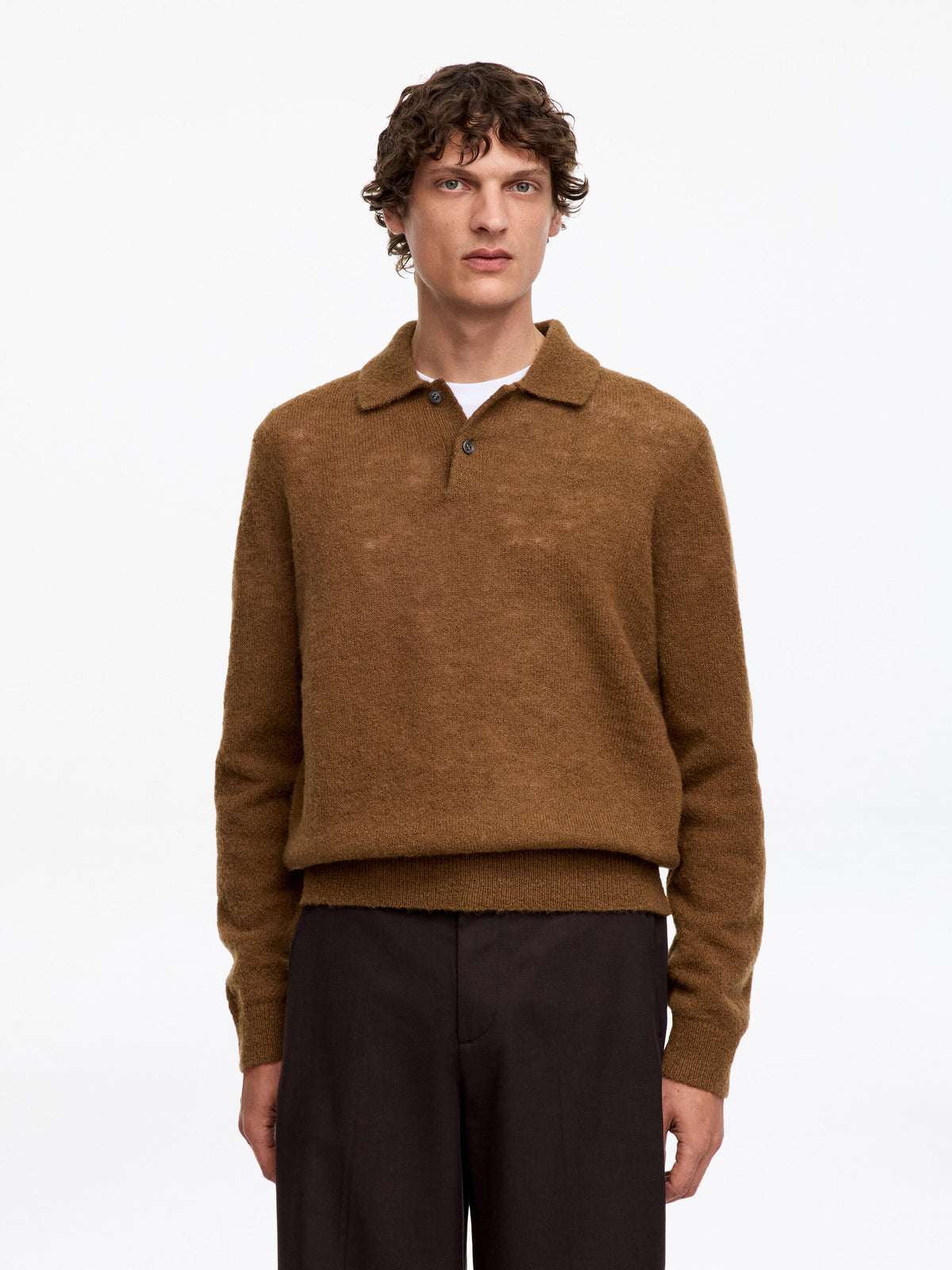 Knitted Wool Blend Polo Shirt - Brown