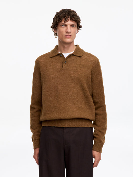 Knitted Wool Blend Polo Shirt - Brown