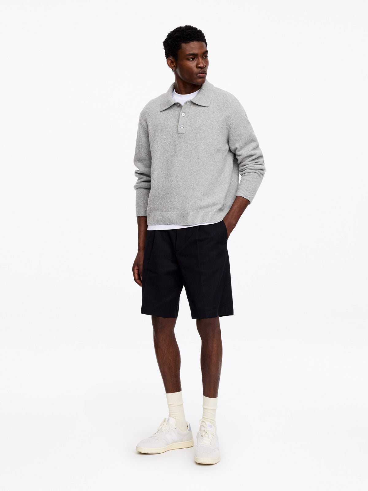 Knitted Cotton Blend Polo Shirt - Grey - Image 2