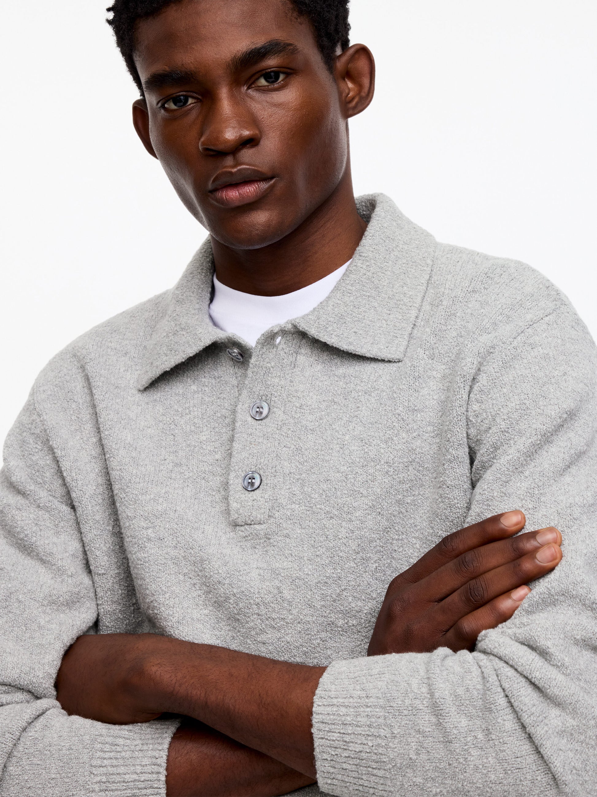 Knitted Cotton Blend Polo Shirt - Grey - Image 4
