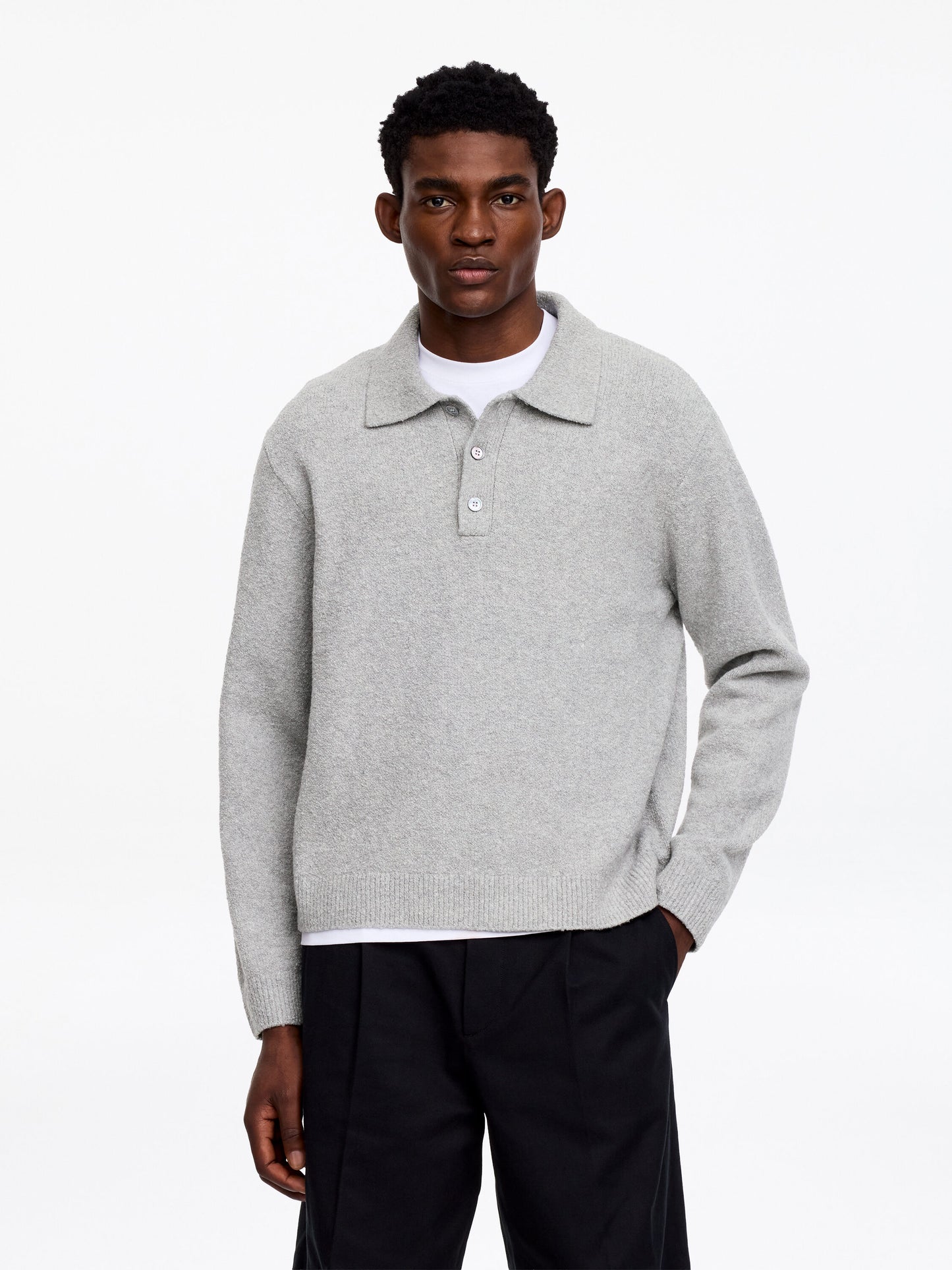 Knitted Cotton Blend Polo Shirt - Grey