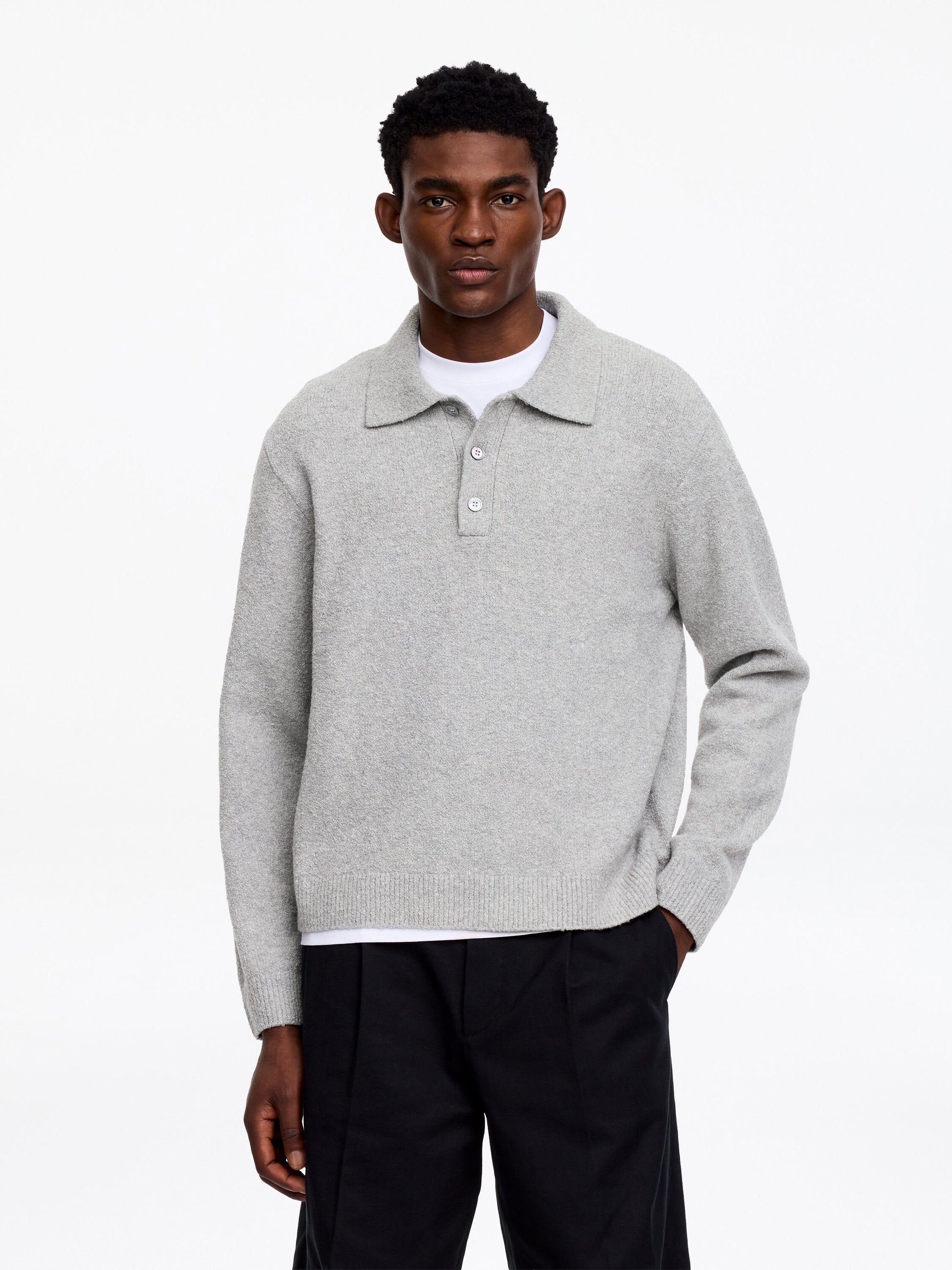 Knitted Cotton Blend Polo Shirt - Grey