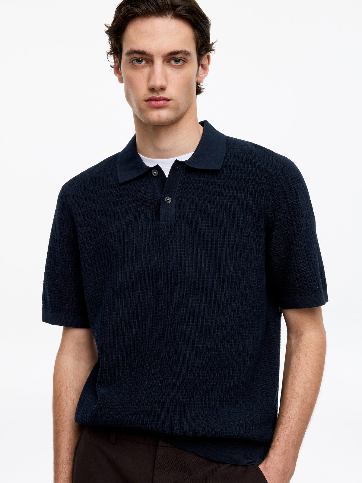 Knitted Cotton Polo Shirt - Blue - Image 7
