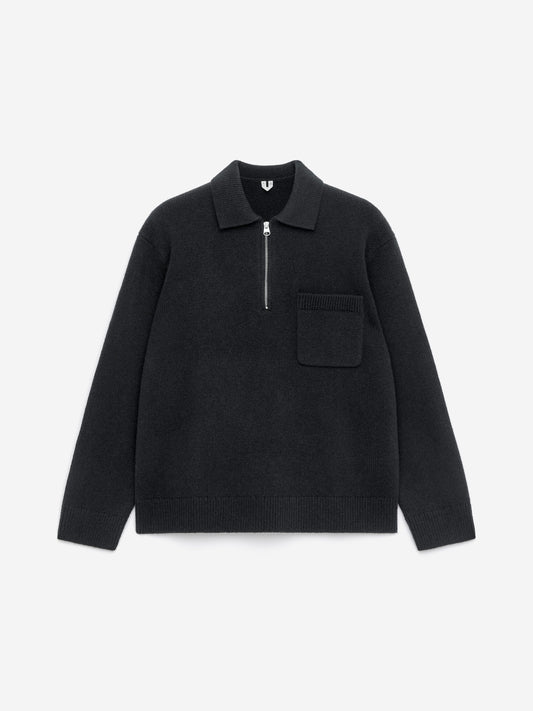 Knitted Wool Zip Polo Shirt - Black