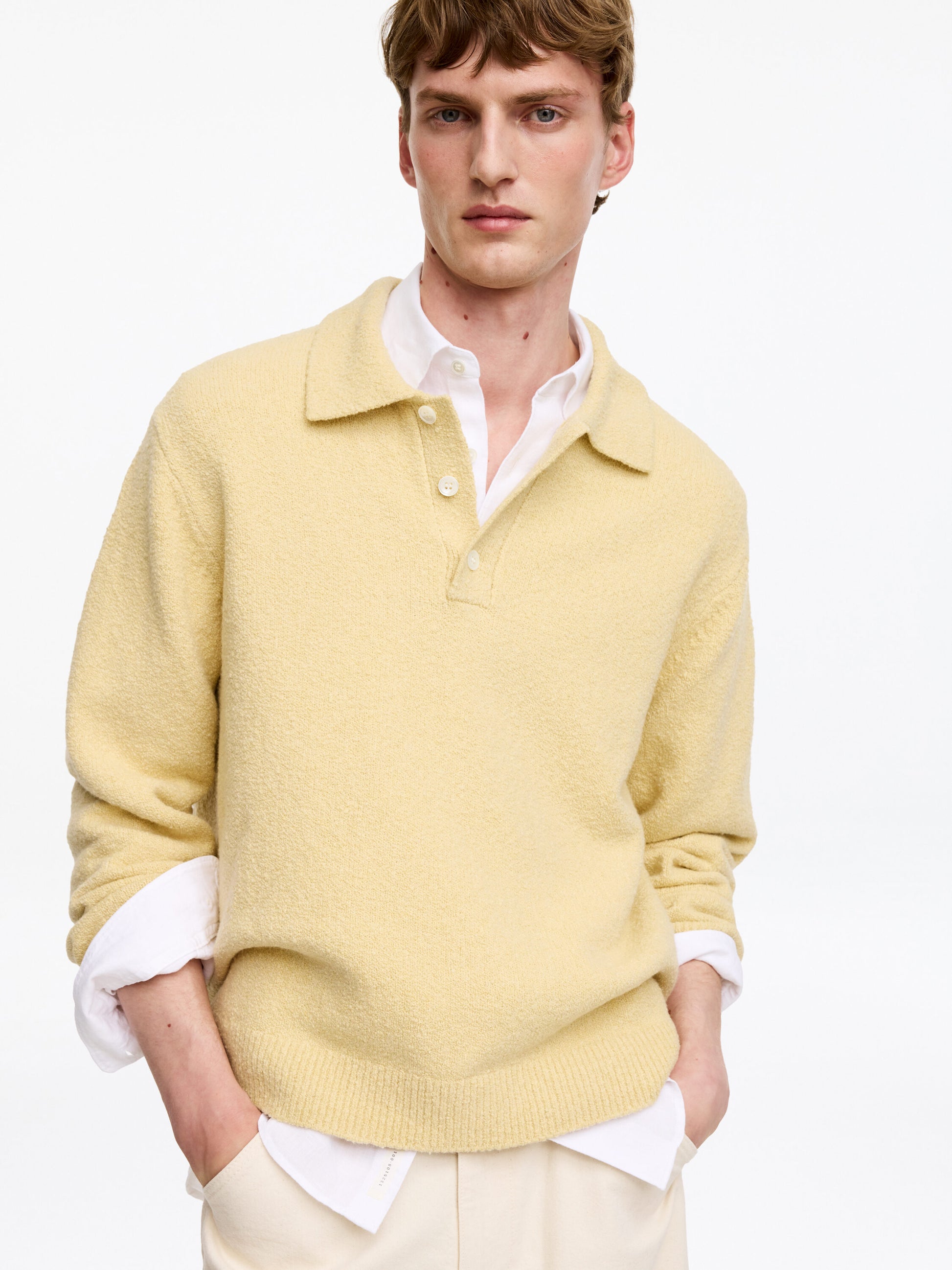 Knitted Cotton Blend Polo Shirt - Yellow - Image 4