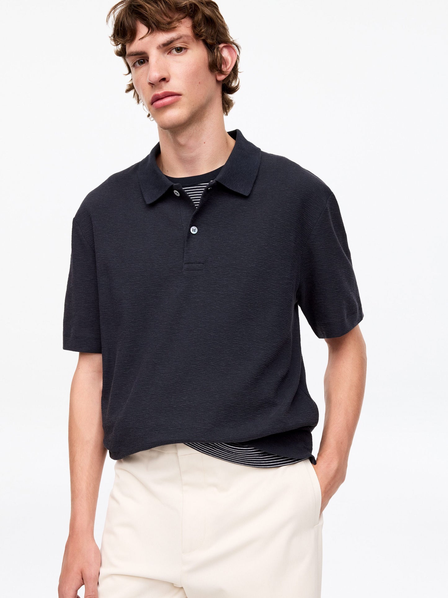 Cotton Linen Polo Shirt - Blue - Image 4