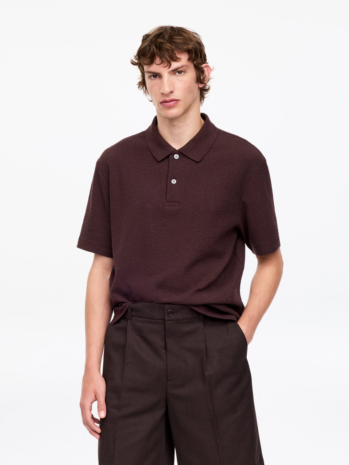Cotton Linen Polo Shirt - Brown
